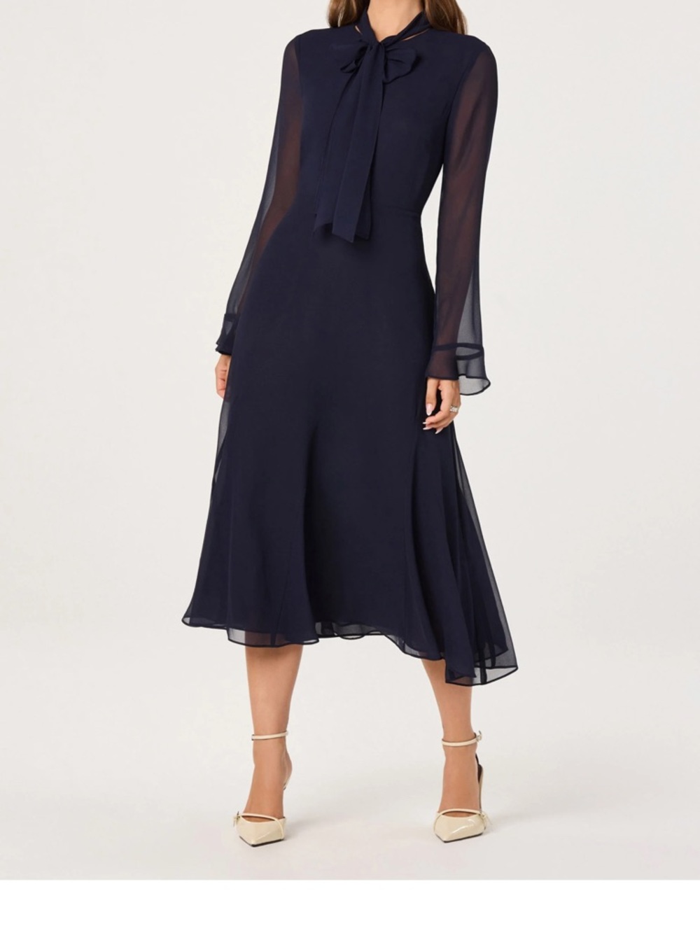 Astr navy bow-tie long-sleeve chiffon midi dress
